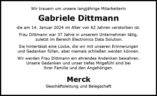 Traueranzeige von Gabriele Dittmann von Darmstädter Echo