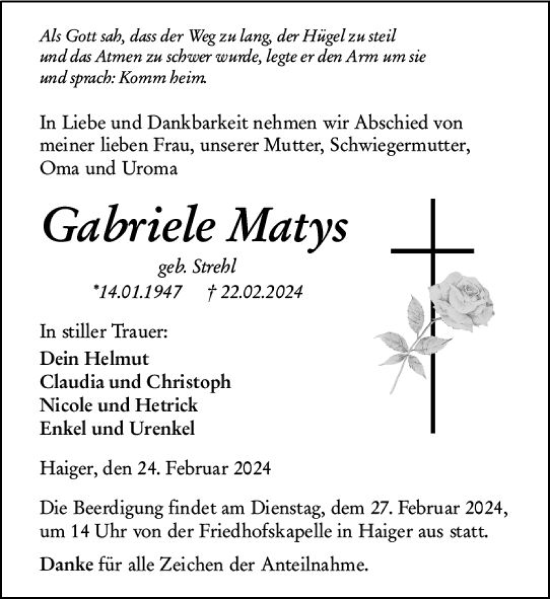 Traueranzeige von Gabriele Matys von Dill Block