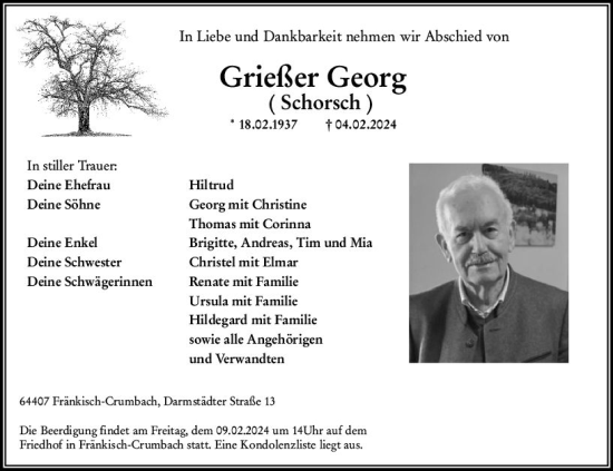 Traueranzeige von Georg Grießer von Odenwälder Echo
