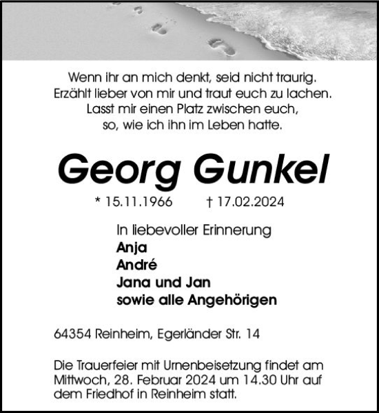 Traueranzeige von Georg Gunkel von Darmstädter Echo