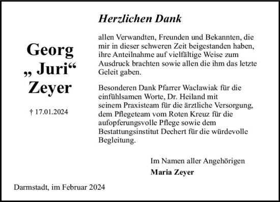 Traueranzeige von Georg Zeyer von Darmstädter Echo
