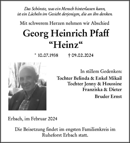 Traueranzeige von Georg Heinrich Pfaff von Odenwälder Echo
