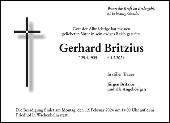 Traueranzeige von Gerhard Britzius von Wormser Zeitung