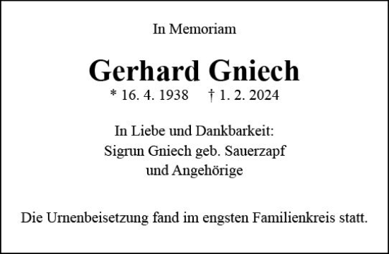 Traueranzeige von Gerhard Gniech von Allgemeine Zeitung Mainz