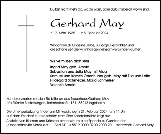 Traueranzeige von Gerhard May von Allgemeine Zeitung Bingen/Ingelheim