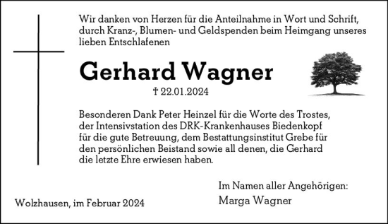 Traueranzeige von Gerhard Wagner von Hinterländer Anzeiger