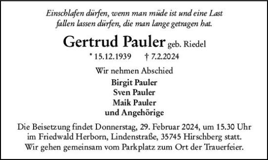 Traueranzeige von Gertraud Pauler von Dill Block