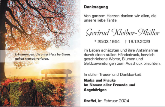 Traueranzeige von Gertrud Kleiber-Müller von Nassauische Neue Presse
