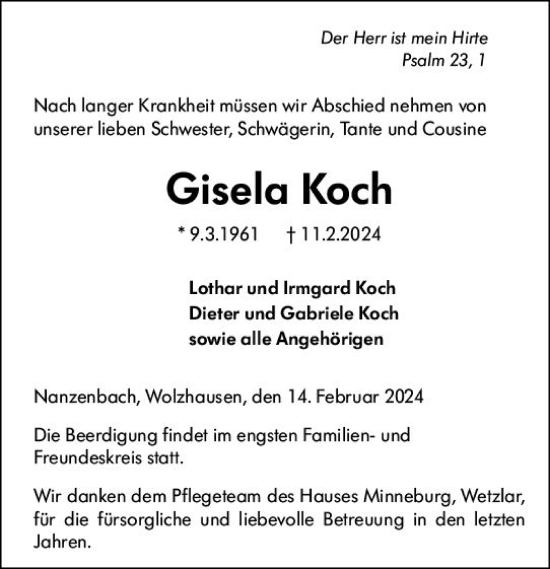 Traueranzeige von Gisela Koch von Dill Block