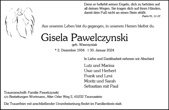 Traueranzeige von Gisela Pawelczynski von Wiesbadener Kurier