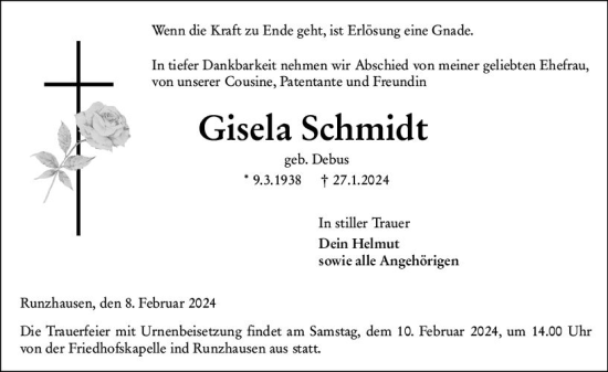 Traueranzeige von Gisela Schmidt von Hinterländer Anzeiger