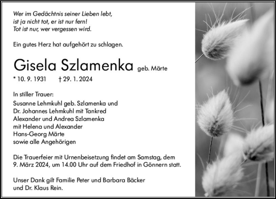Traueranzeige von Gisela Szlamenka von Hinterländer Anzeiger