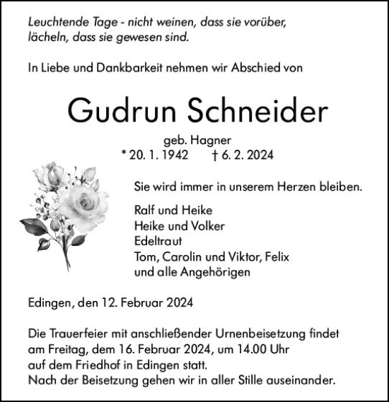 Traueranzeige von Gudrun Schneider von Dill Block