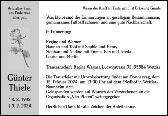 Traueranzeige von Günter Thiele von Wetzlarer Neue Zeitung