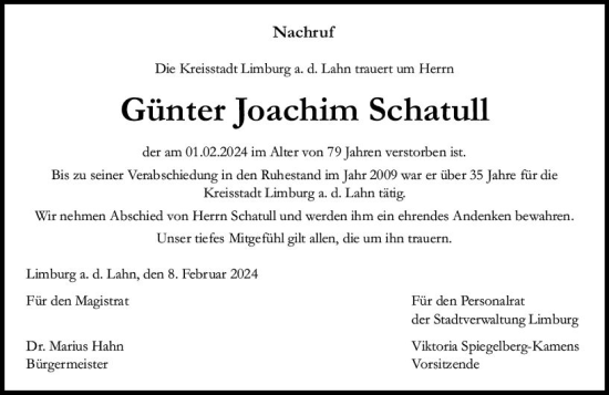 Traueranzeige von Günter Joachim Schatull von Nassauische Neue Presse