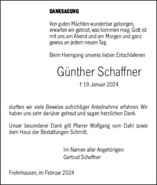 Traueranzeige von Günther Schaffner von Dill Block