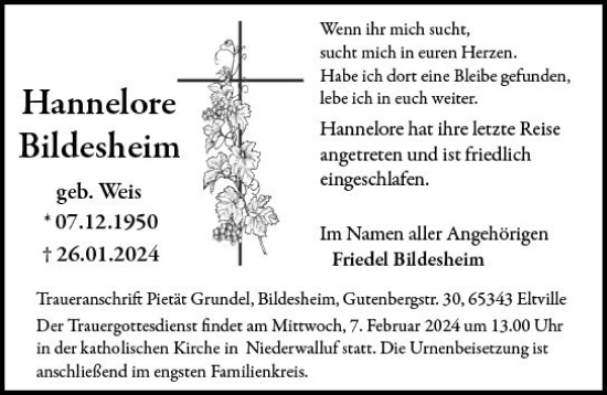 Traueranzeige von Hannelore Bildesheim von Rheingau Kurier