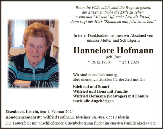 Traueranzeige von Hannelore Hofmann von Camberger Anzeiger