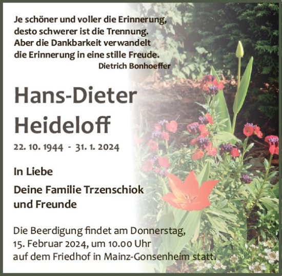 Traueranzeige von Hans-Dieter Heideloff von Allgemeine Zeitung Mainz