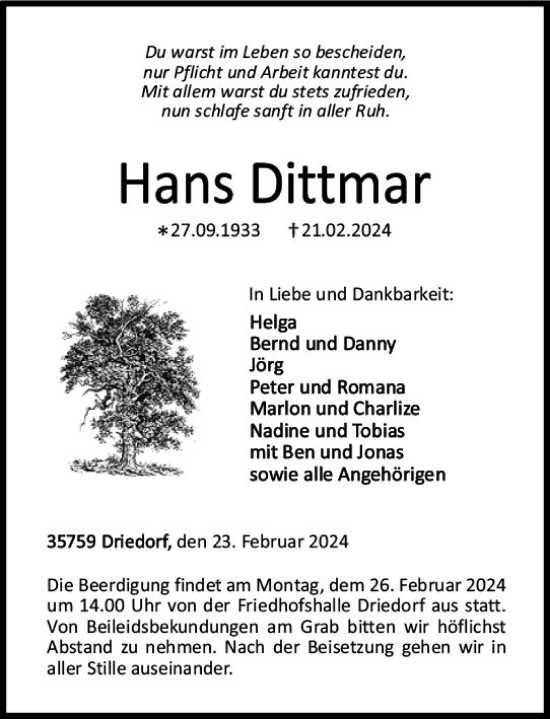Traueranzeige von Hans Dittmar von Dill Block