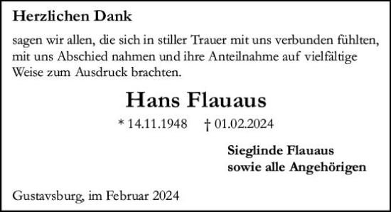 Traueranzeige von Hans Flauaus von Allgemeine Zeitung Mainz