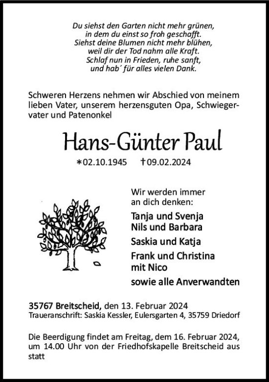 Traueranzeige von Hans-Günter Paul von Dill Block