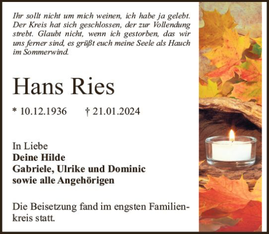 Traueranzeige von Hans Ries von Darmstädter Echo