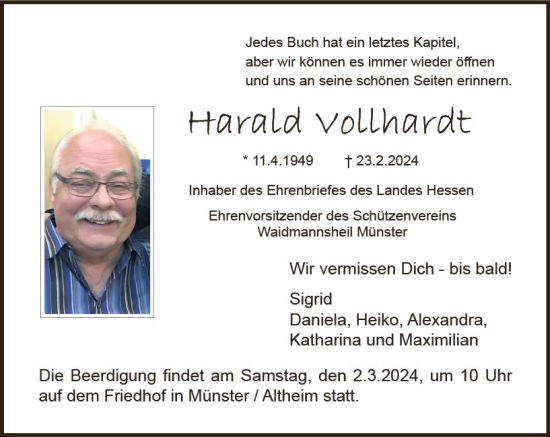 Traueranzeige von Harald Vollhardt von Darmstädter Echo