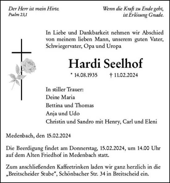 Traueranzeige von Hardi Seelhof von Dill Block