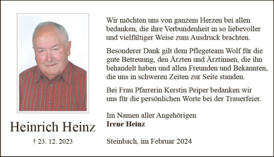 Traueranzeige von Heinrich Heinz von Odenwälder Echo
