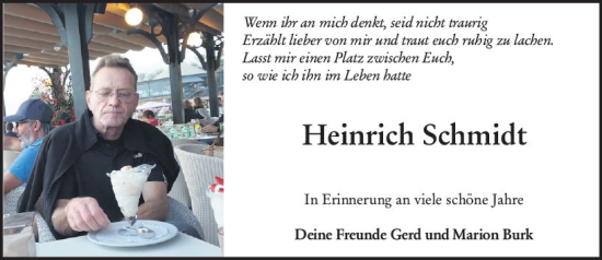 Traueranzeige von Heinrich Schmidt von Hinterländer Anzeiger