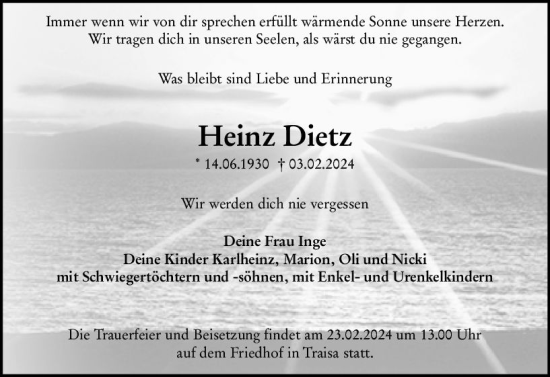 Traueranzeige von Heinz Dietz von Darmstädter Echo