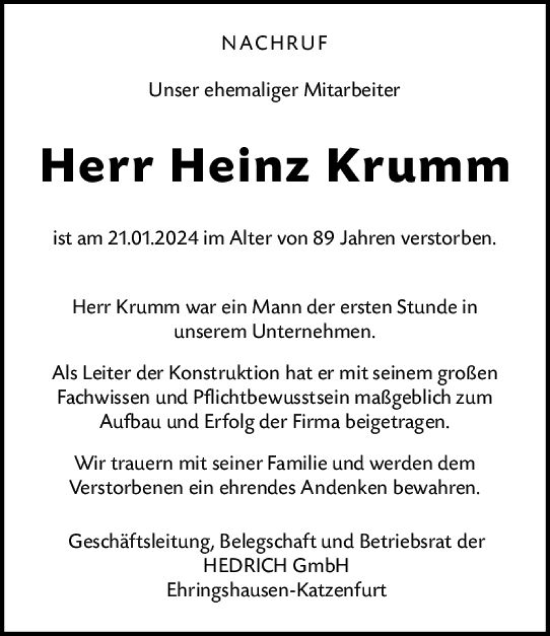 Traueranzeige von Heinz Krumm von Dill Block
