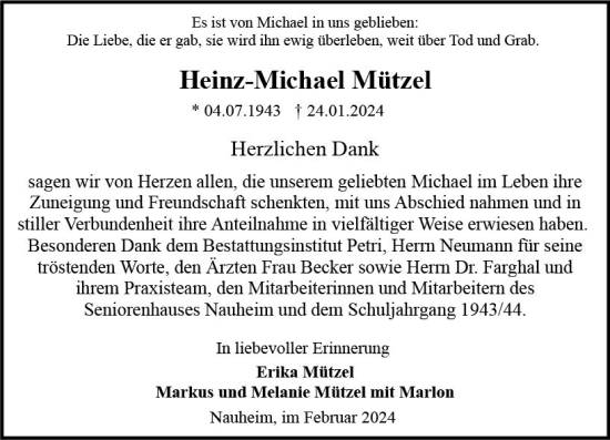 Traueranzeige von Heinz-Michael Mütze von Rüsselsheimer Echo