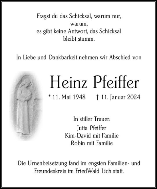 Traueranzeige von Heinz Pfeiffer von Wetzlarer Neue Zeitung