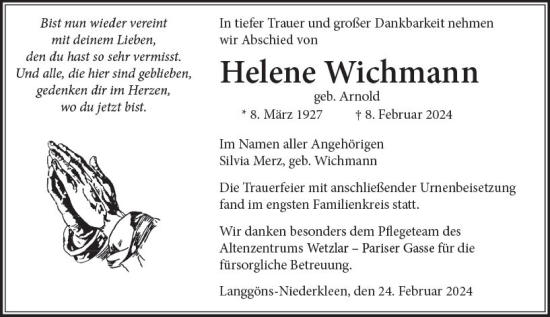 Traueranzeige von Helene Wichmann von Wetzlarer Neue Zeitung