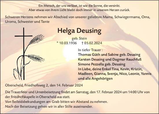Traueranzeige von Helga Deusing von Dill Block