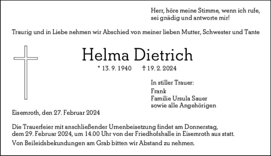 Traueranzeige von Helma Dietrich von Dill Block