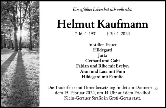Traueranzeige von Helmut Kaufmann von Groß-Gerauer Echo