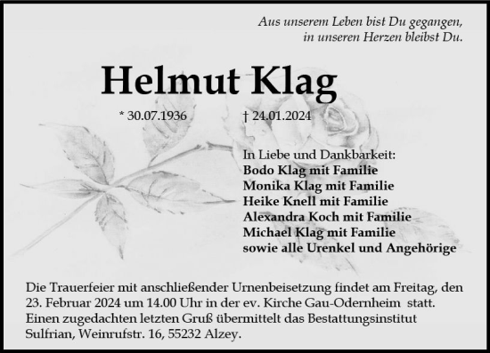 Traueranzeige von Helmut Klag von Allgemeine Zeitung Alzey
