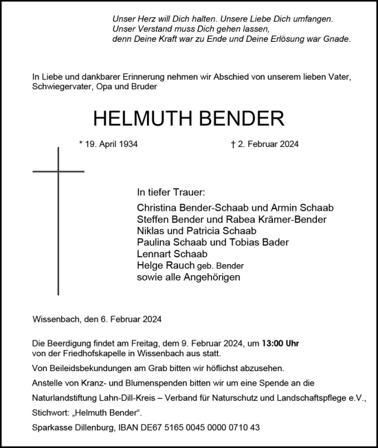 Traueranzeige von Helmuth Bender von Hinterländer Anzeiger