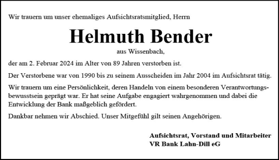 Traueranzeige von Helmuth Bender von Dill Block