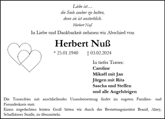 Traueranzeige von Herbert Nuß von Allgemeine Zeitung Alzey