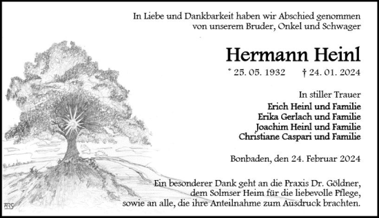 Traueranzeige von Hermann Heinl von Wetzlarer Neue Zeitung