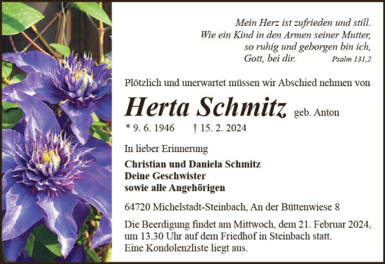 Traueranzeige von Herta Schmitz von Odenwälder Echo