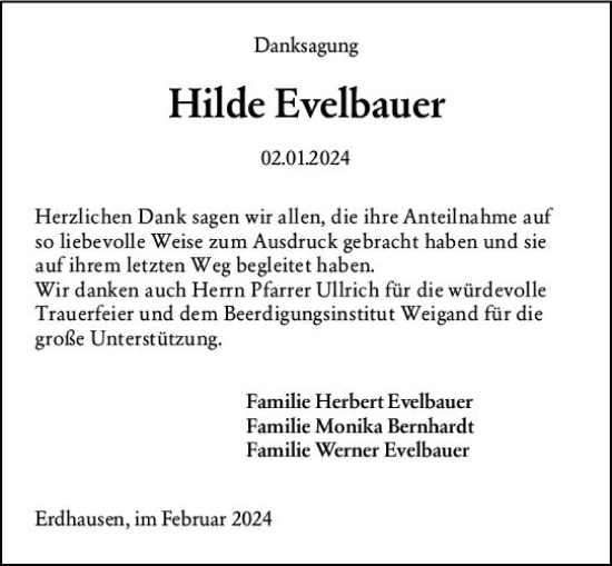 Traueranzeige von Hilde Evelbauer von Hinterländer Anzeiger