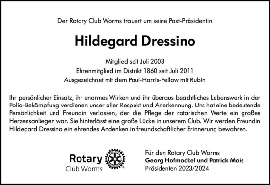 Traueranzeige von Hildegard Dressino von Wormser Zeitung