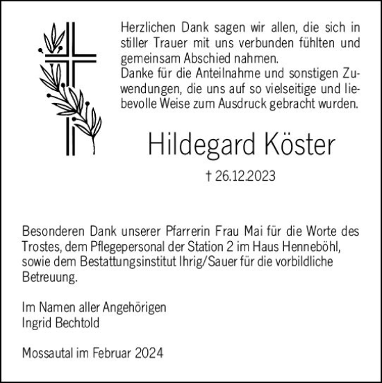 Traueranzeige von Hildegard Köster von Odenwälder Echo