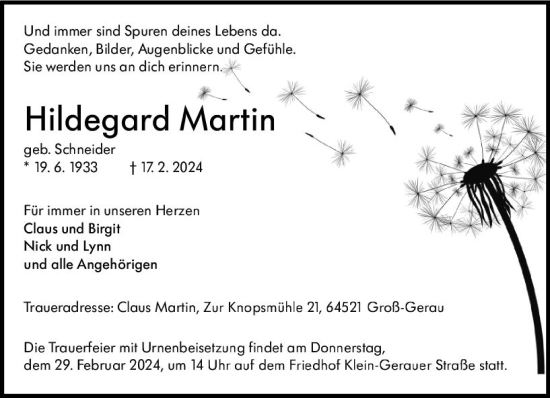 Traueranzeige von Hildegard Martin von Groß-Gerauer Echo