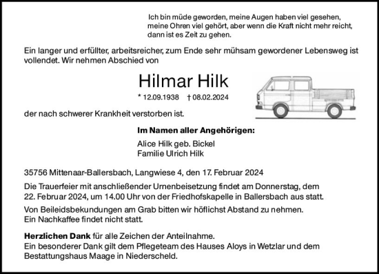 Traueranzeige von Hilmar Hilk von Dill Block